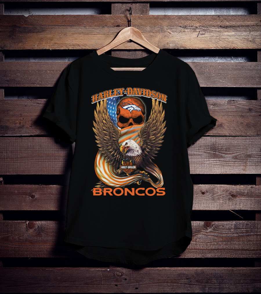 Harley Davidson Denver Broncos American Eagle Usa Skulls T-Shirt