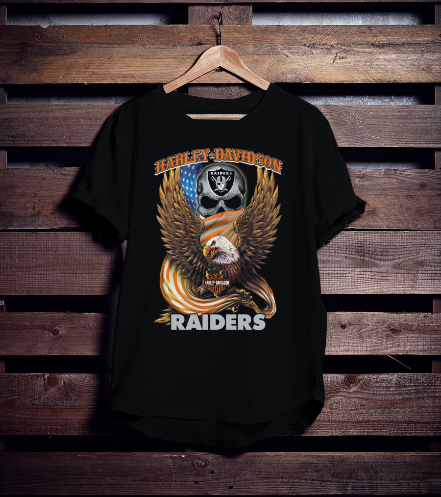 Harley Davidson Raiders Eagle American Flag Skull Nfl Oakland Raiders T-Shirt