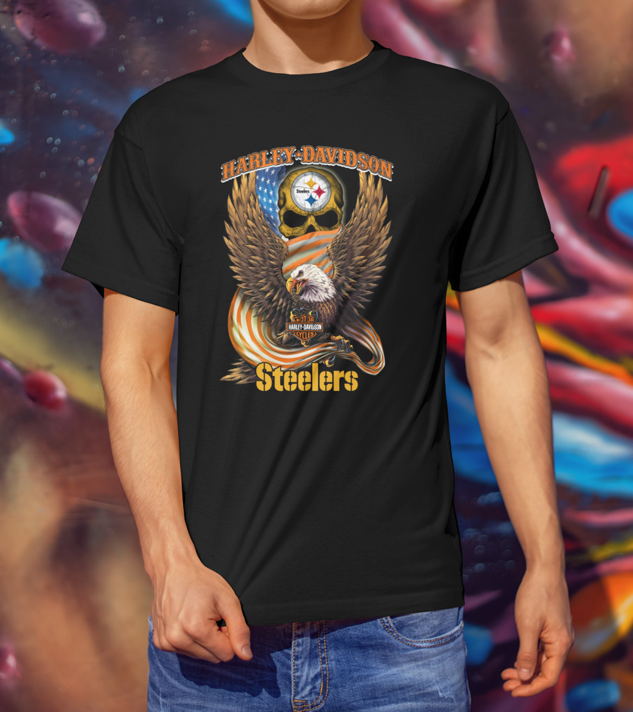Harley Davidson Steelers Skull Eagle American Flag Pittsburgh Nfl T-Shirt