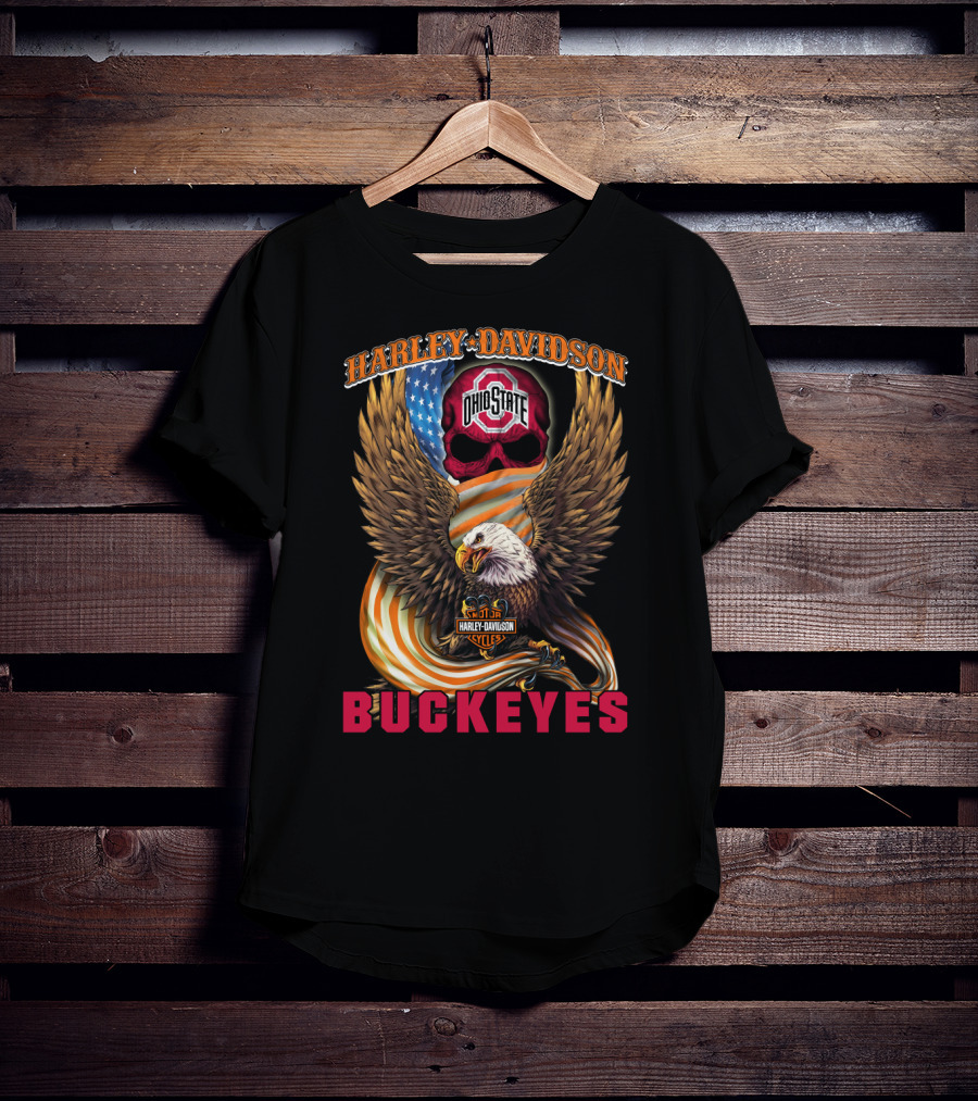 Harley Davidson Ohio State Buckeyes Eagle American Flag T-Shirt