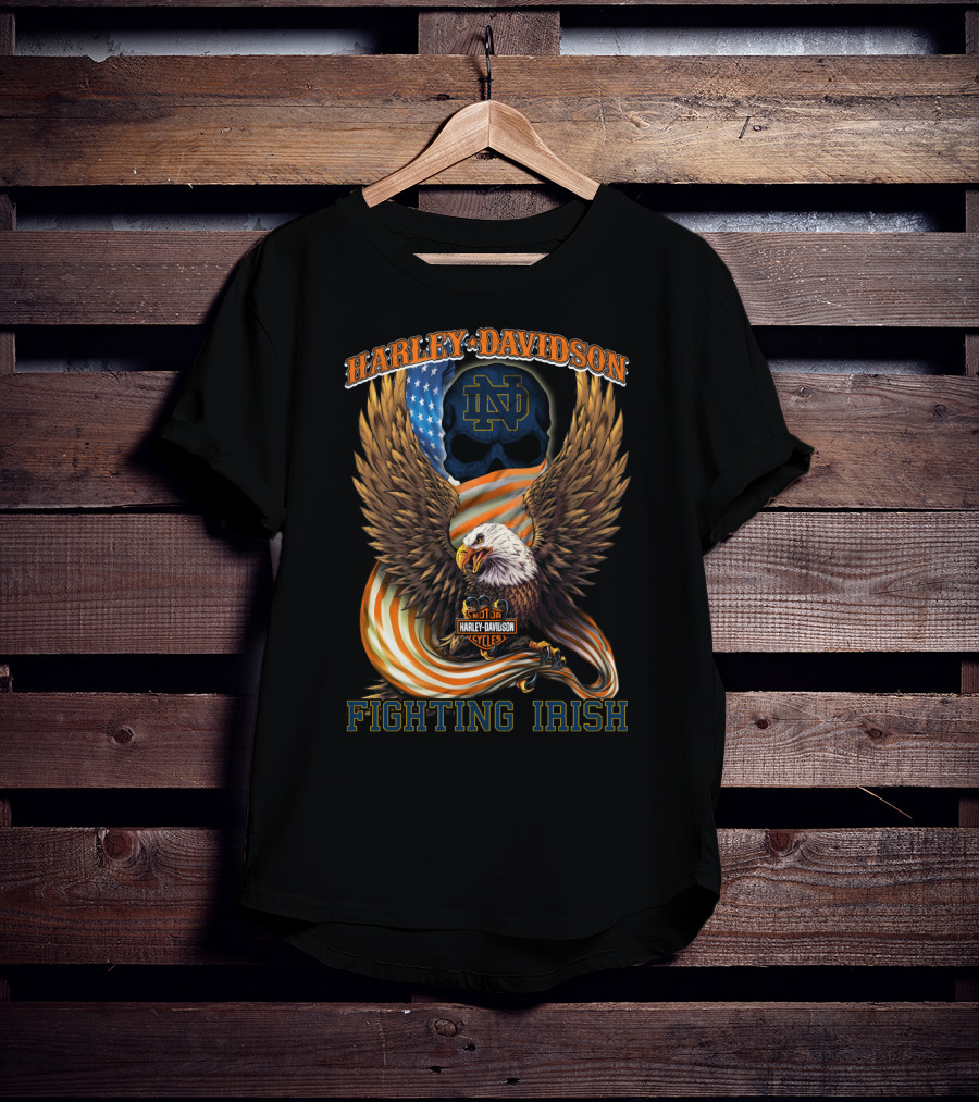 Harley Davidson Notre Dame Fighting Irish Eagle American Flag T-Shirt