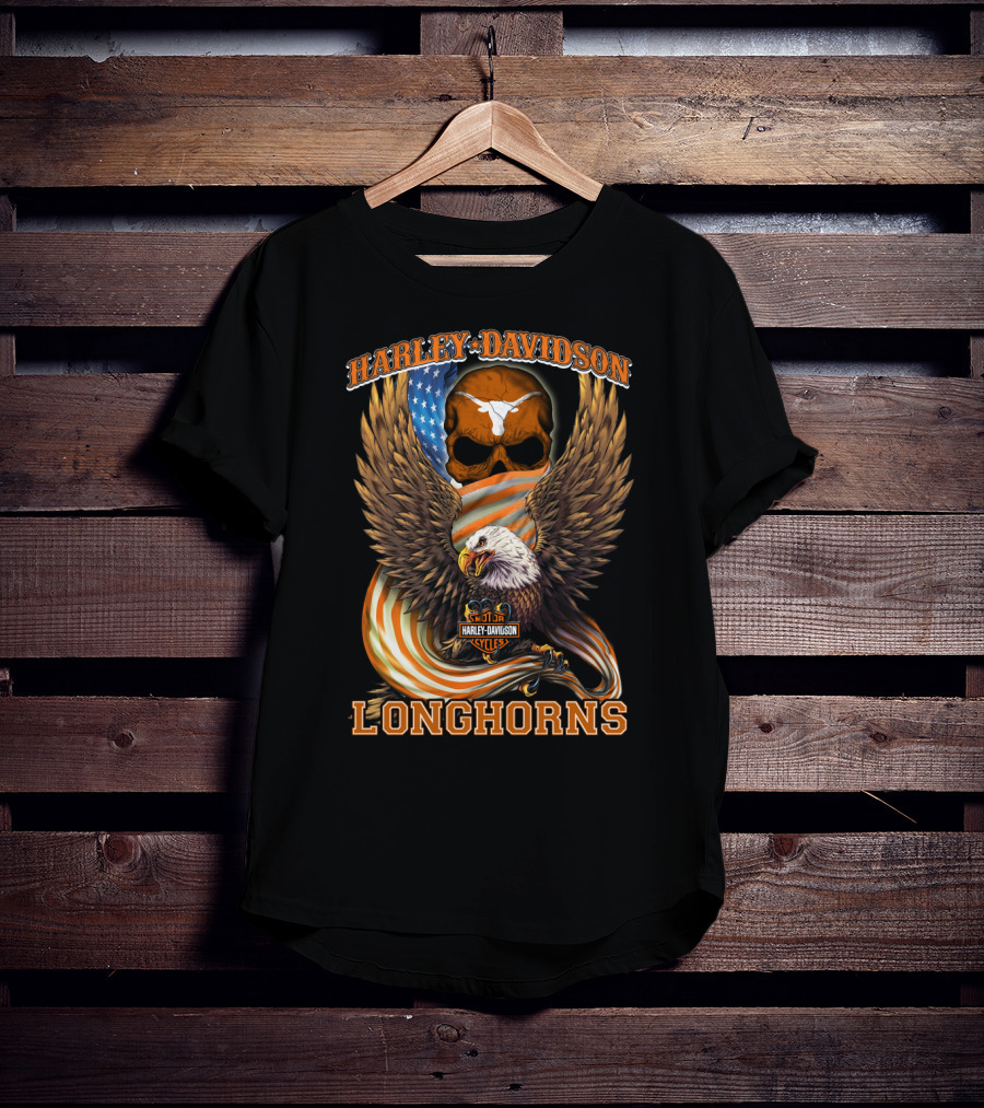 Harley Davidson Longhorns Eagle American Flag Skull T-Shirt