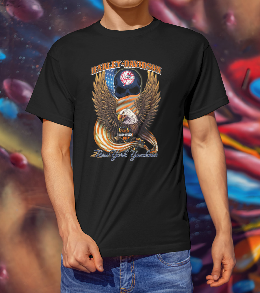 Harley Davidson New York Yankees Bald Eagle American Flag T-Shirt