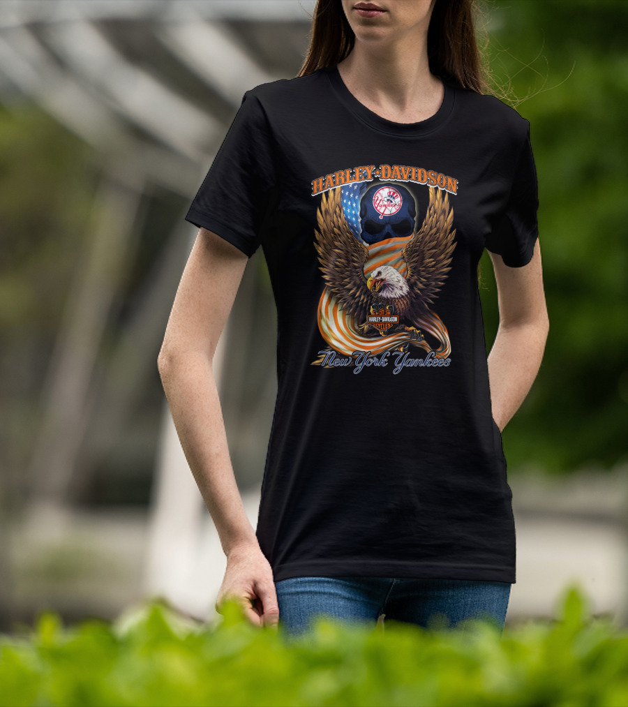 Harley Davidson New York Yankees Bald Eagle American Flag T-Shirt