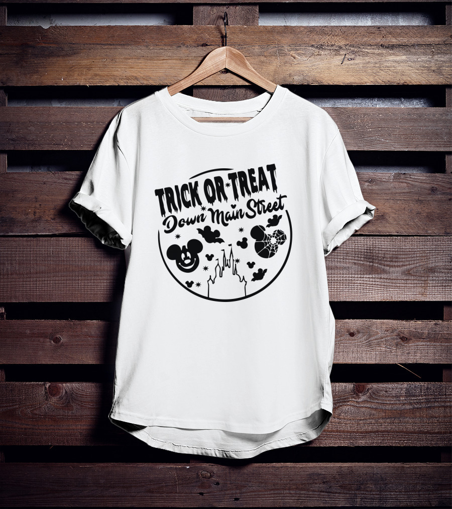 Trick Or Treat Down Main Street Mickey Mouse Halloween Disney Castle T-Shirt