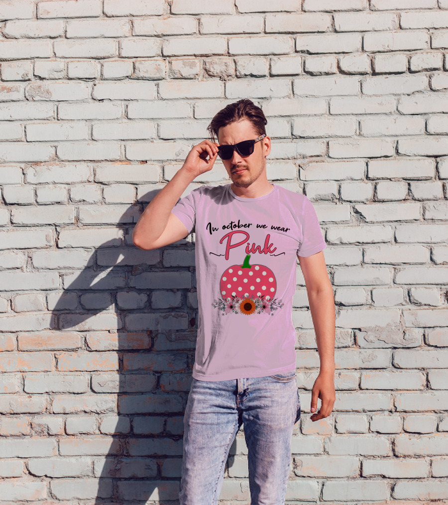 In October We Wear Pink Polka Dot Pumpkin With Flowers Breast Cancer Awareness T-Shirt