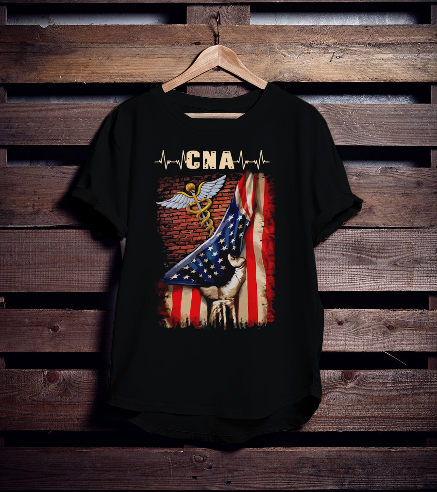 CNA Nurse American Flag Caduceus Symbol With Heartbeat T-Shirt
