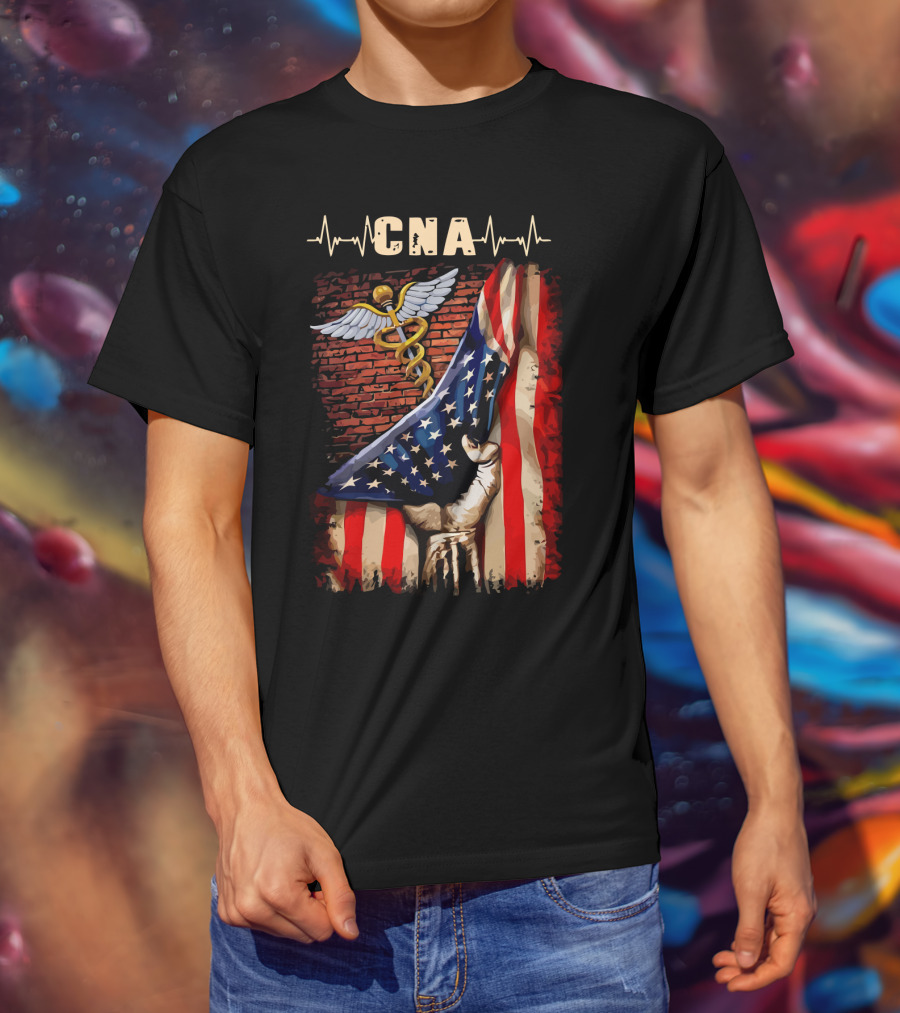 CNA Nurse American Flag Caduceus Symbol With Heartbeat T-Shirt