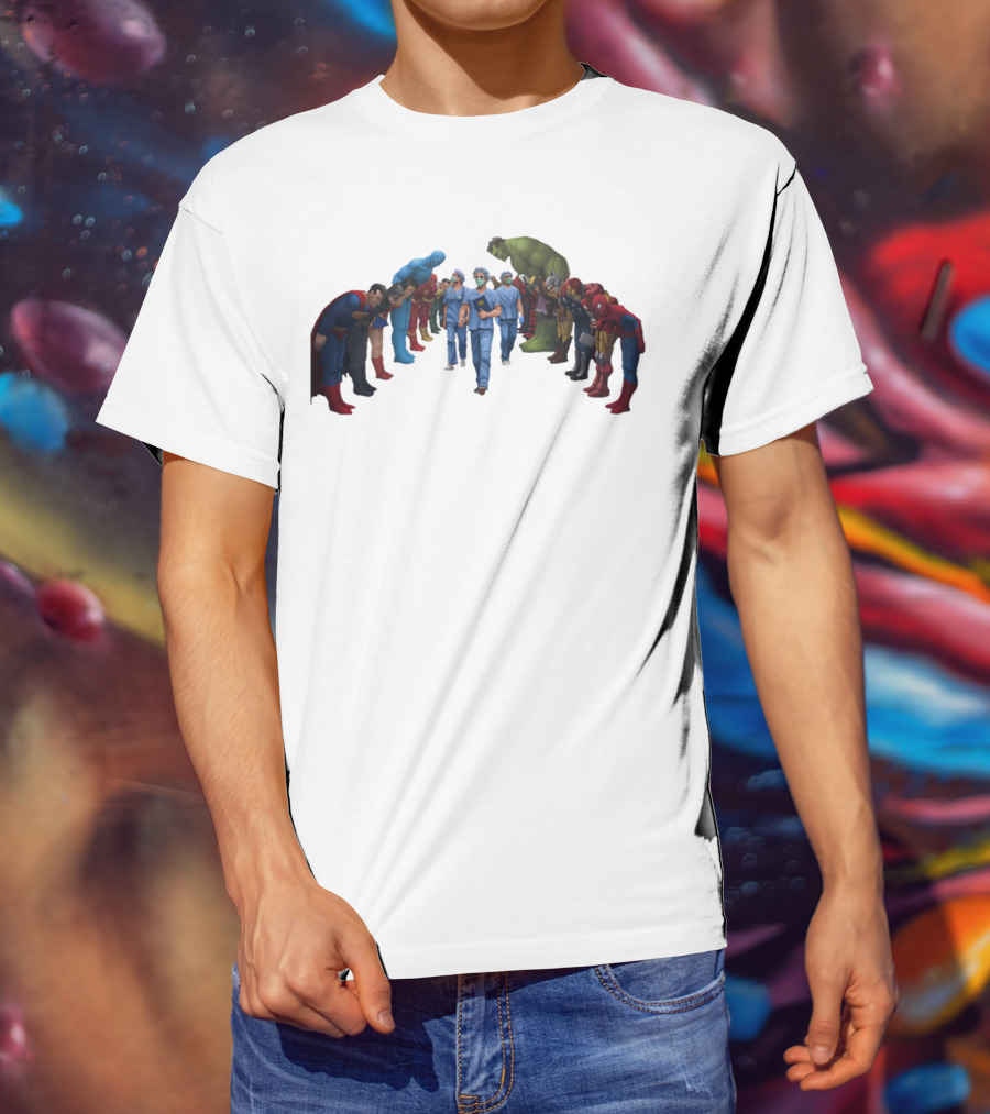 Healthcare Super Heroes Surrounded By Iconic Superhero Characters T-Shirt