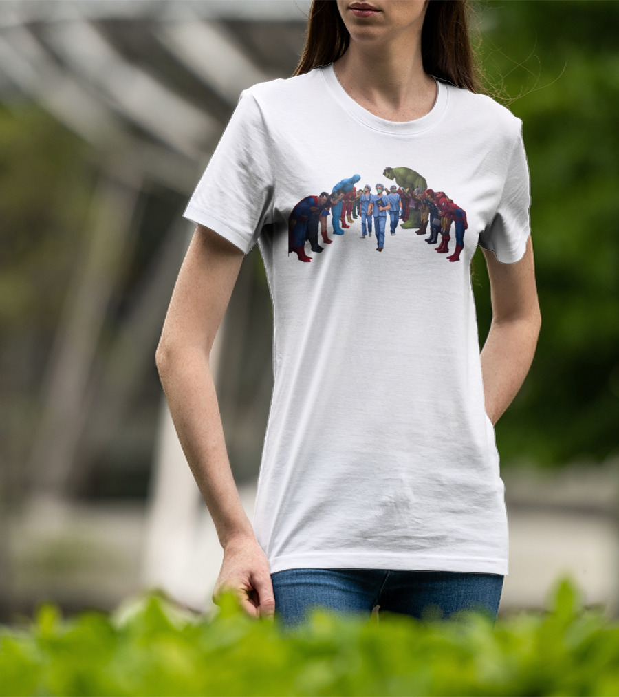 Healthcare Super Heroes Surrounded By Iconic Superhero Characters T-Shirt