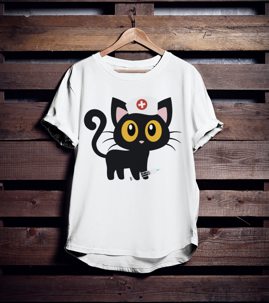 Cat Nurse Cute Black Cat With Syringe And Nurse Hat T-Shirt