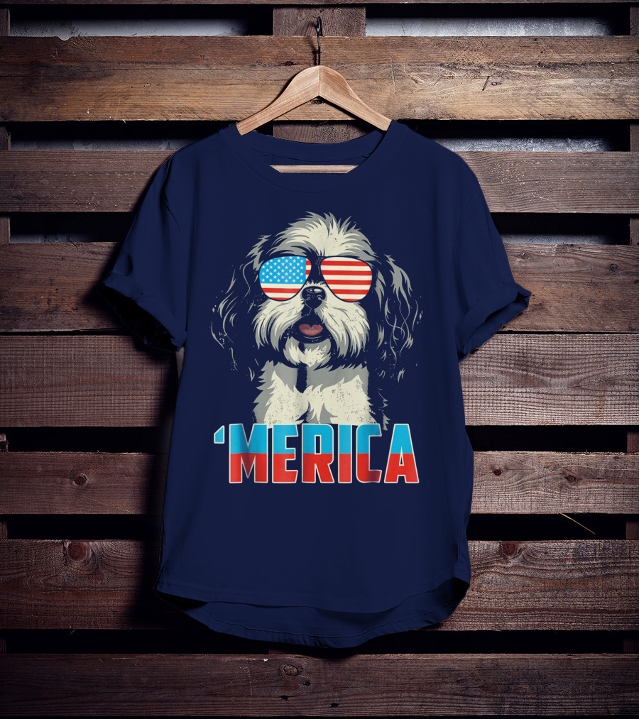 Patriotic Shih Tzu 'Merica With American Flag Sunglasses T-Shirt