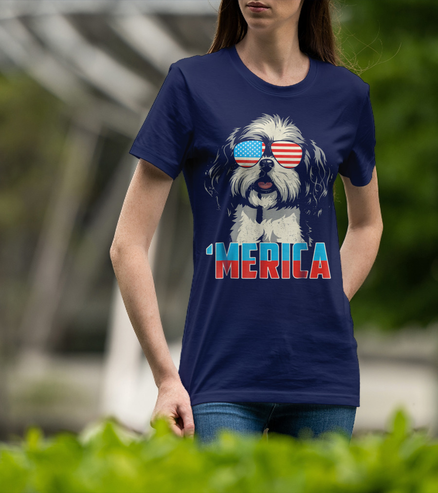 Patriotic Shih Tzu 'Merica With American Flag Sunglasses T-Shirt