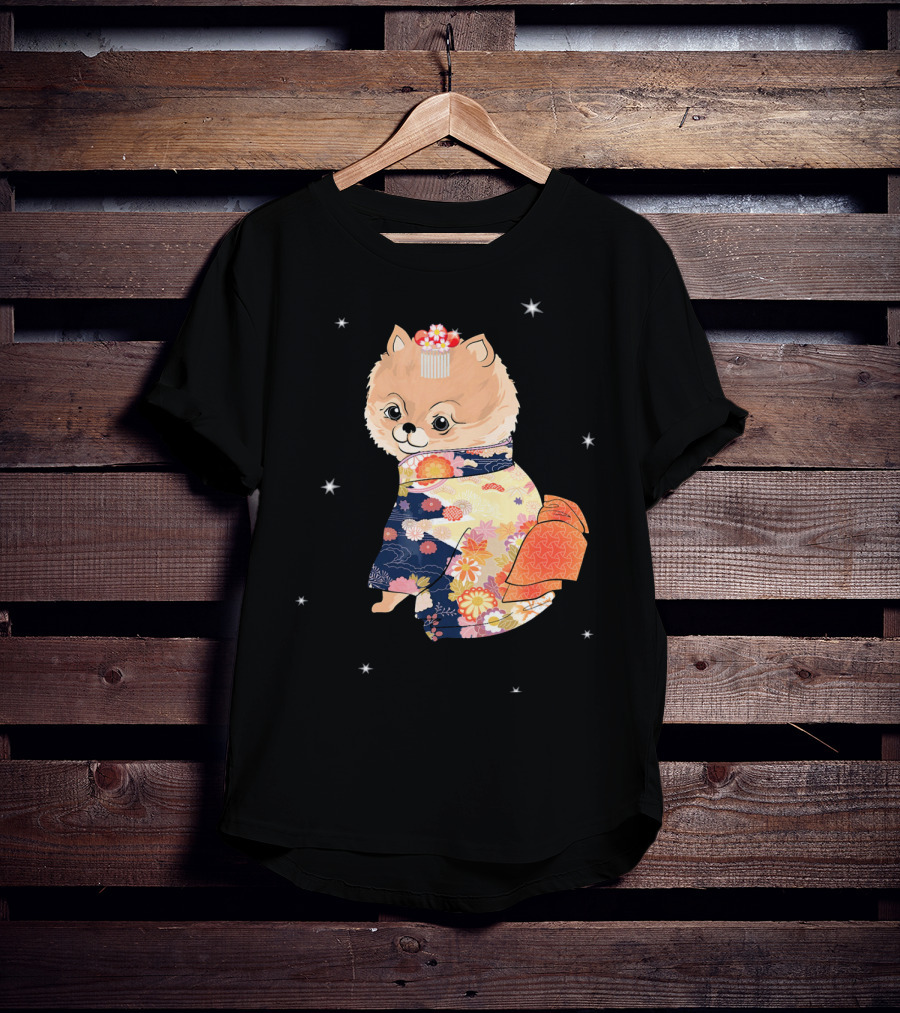 Pomeranian Dog In Floral Kimono With Stars T-Shirt