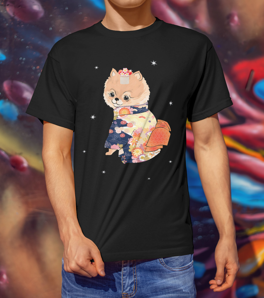 Pomeranian Dog In Floral Kimono With Stars T-Shirt