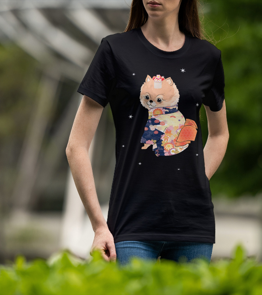 Pomeranian Dog In Floral Kimono With Stars T-Shirt