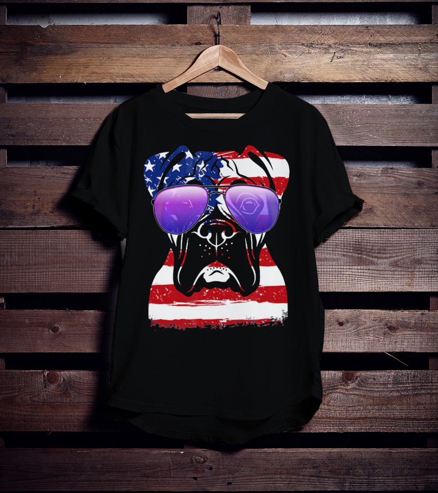 Boxer Dog With American Flag Sunglasses Patriotic T-Shirt