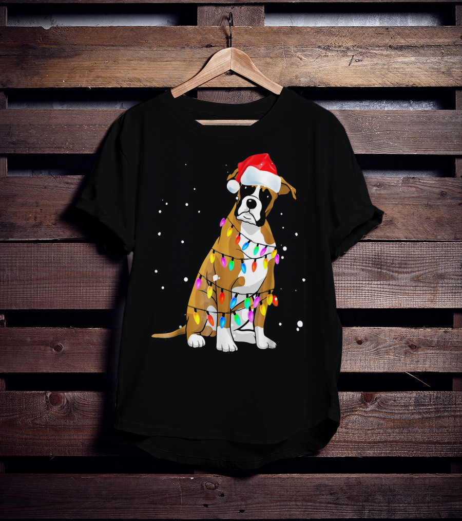 Boxer Dog Wrapped In Christmas Lights With Santa Hat T-Shirt
