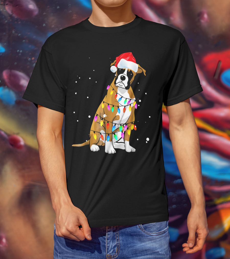 Boxer Dog Wrapped In Christmas Lights With Santa Hat T-Shirt