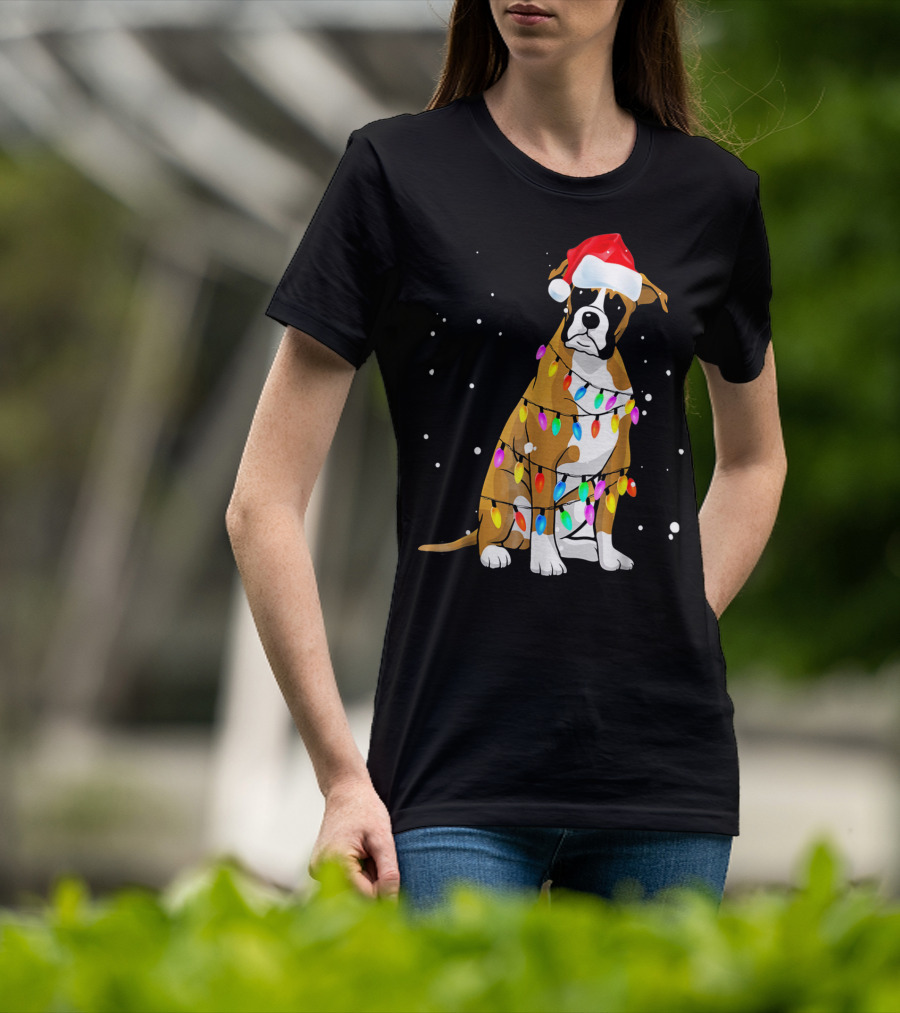 Boxer Dog Wrapped In Christmas Lights With Santa Hat T-Shirt