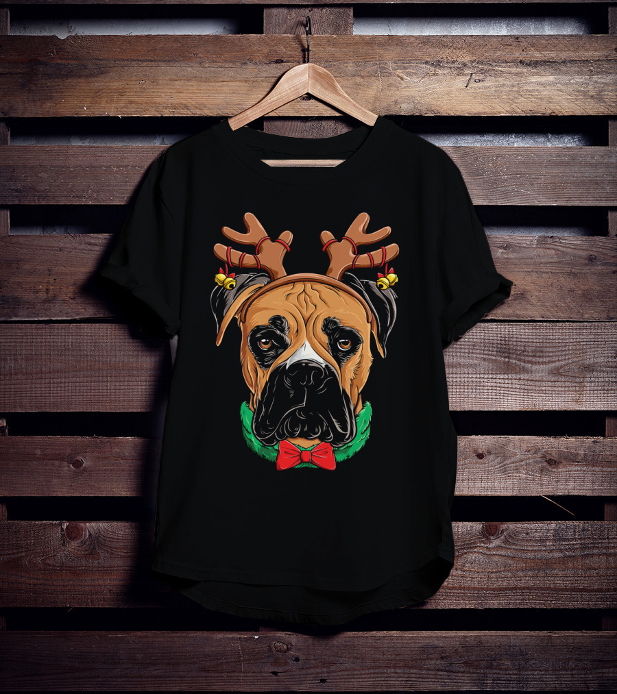 Boxer Dog With Reindeer Antlers Bow Tie Christmas T-Shirt