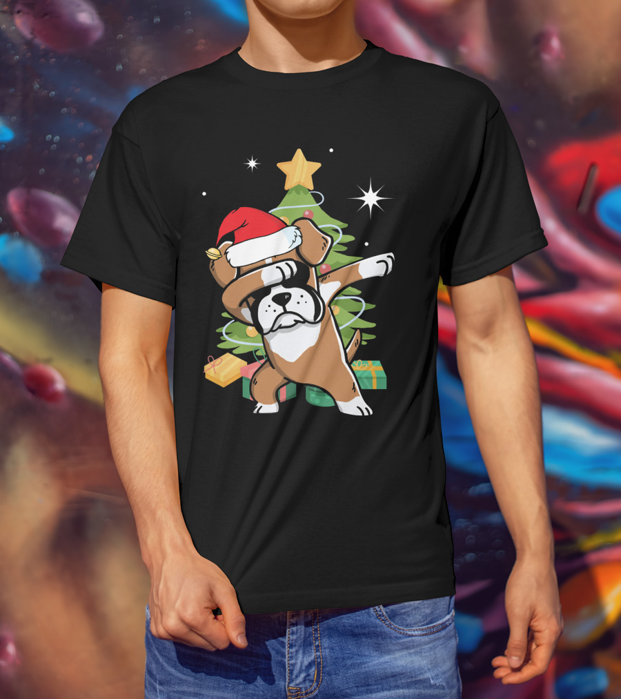 Christmas Boxer Dog Dabbing In Front Of Tree With Gifts T-Shirt