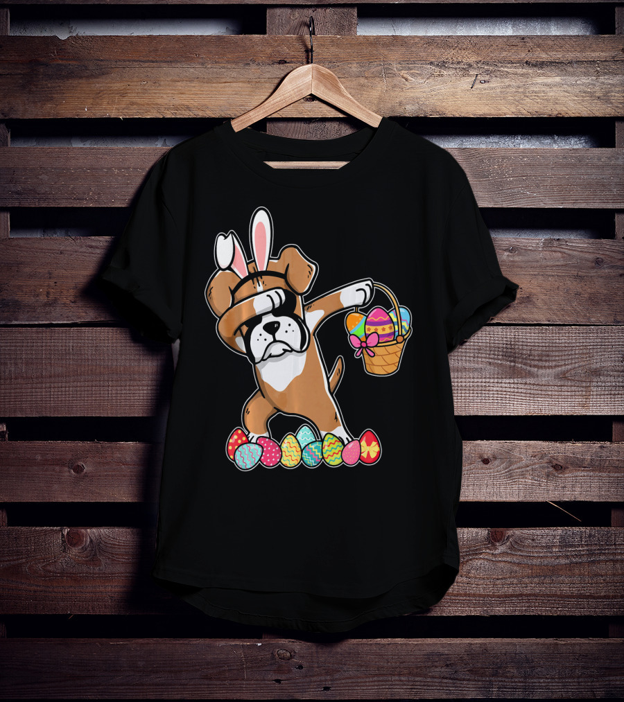 Boxer Dabbing As Easter Bunny With Basket And Eggs T-Shirt