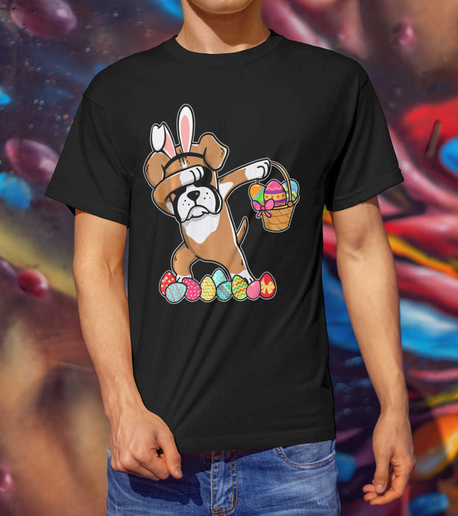 Boxer Dabbing As Easter Bunny With Basket And Eggs T-Shirt