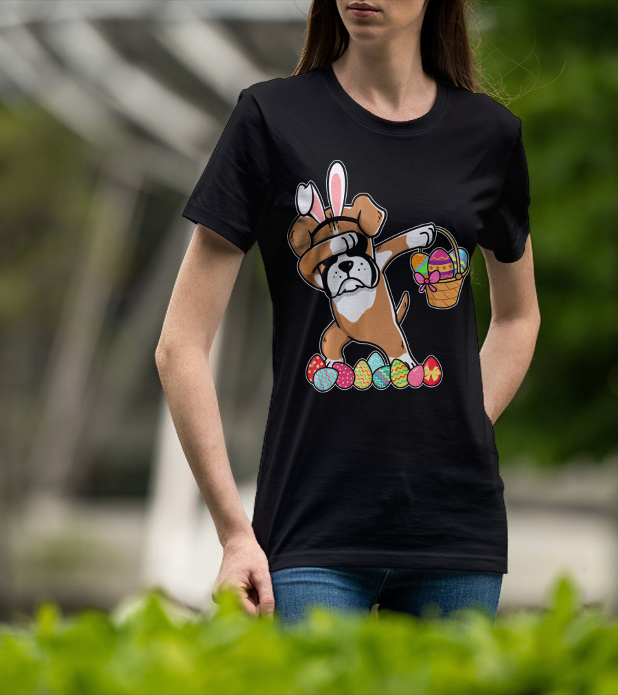 Boxer Dabbing As Easter Bunny With Basket And Eggs T-Shirt