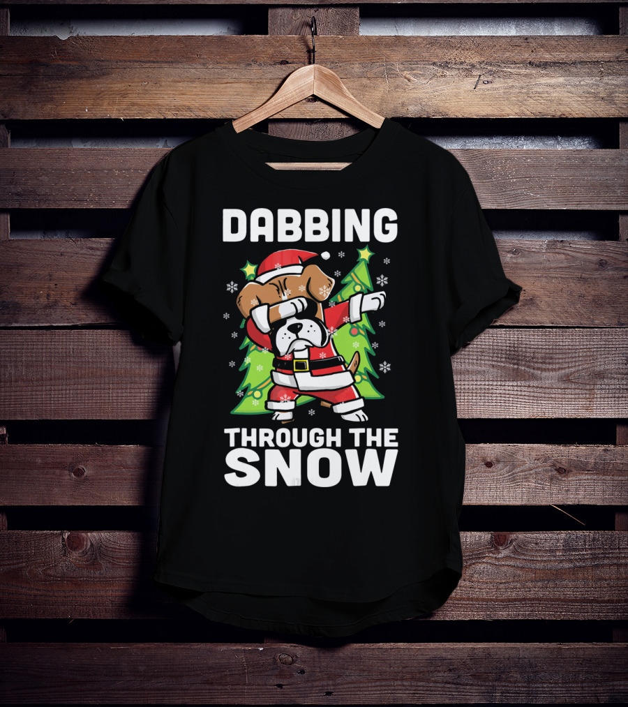 Dabbing Through The Snow Boxer Dog Santa Christmas Snowflakes Pine Trees T-Shirt
