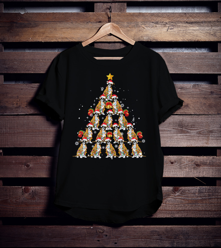 Boxer Dog Christmas Tree With Santa Hats And Lights T-Shirt