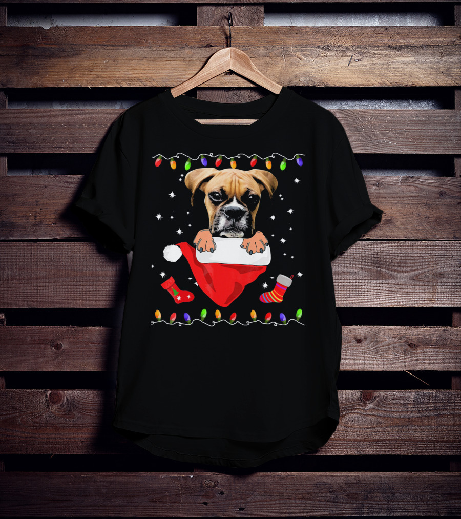 Festive Boxer Dog Christmas With Santa Hat And Holiday Lights T-Shirt