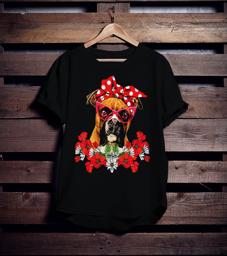 Boxer Dog Moms Red Polka Dot Bow Mixed Flower Arrangement T-Shirt