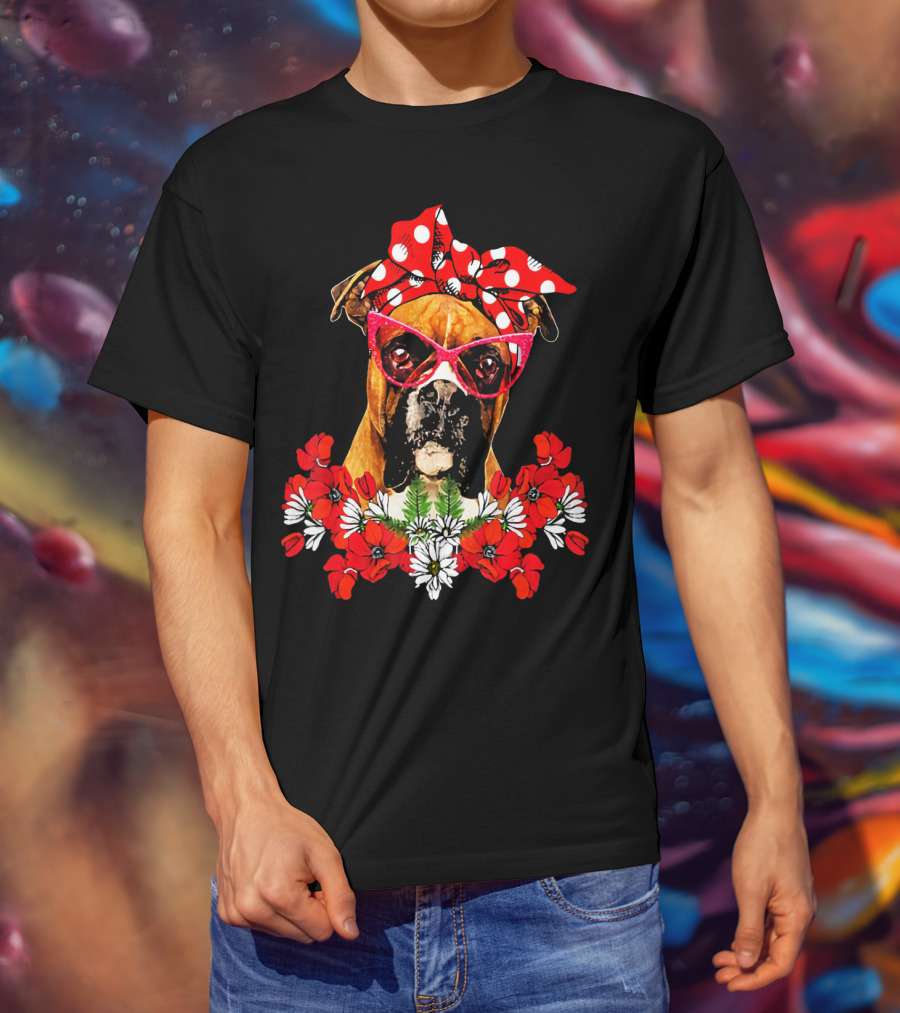 Boxer Dog Moms Red Polka Dot Bow Mixed Flower Arrangement T-Shirt