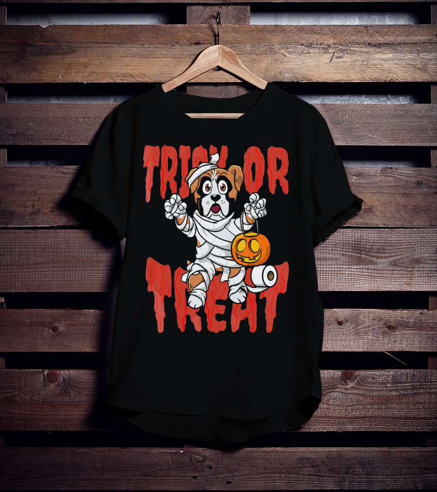 Trick Or Treat Boxer Dog Mummy With Pumpkin And Toilet Paper Rolls T-Shirt