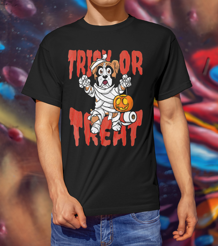 Trick Or Treat Boxer Dog Mummy With Pumpkin And Toilet Paper Rolls T-Shirt