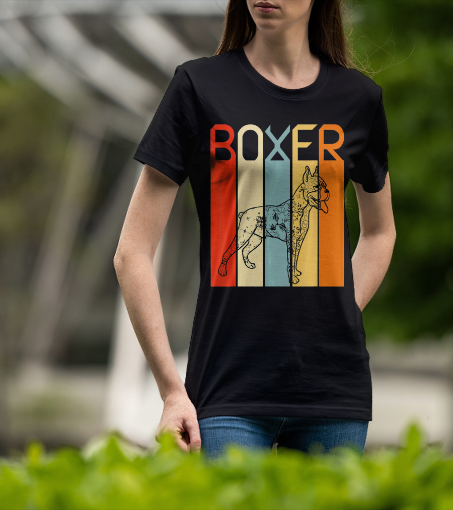 Boxer Dog Retro Stripes Outline T-Shirt