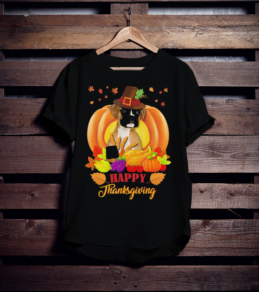 Boxer Dog In Pilgrim Hat Happy Thanksgiving Pumpkin Harvest T-Shirt