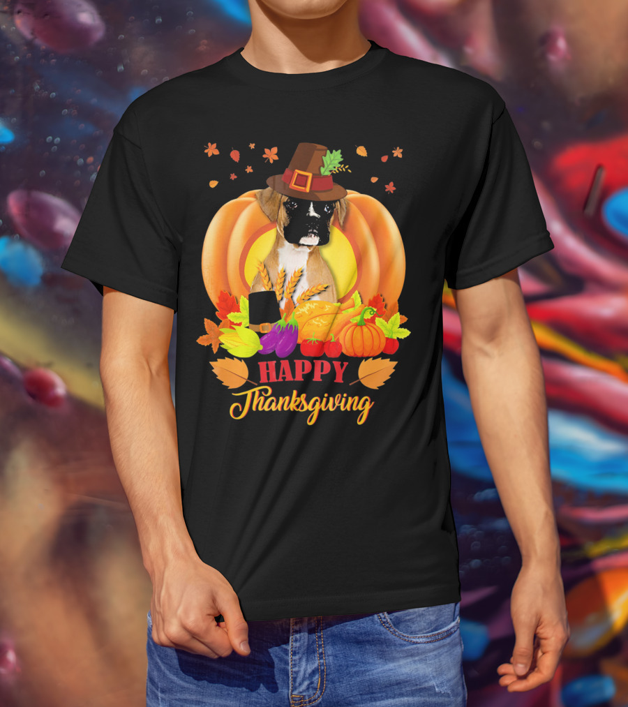 Boxer Dog In Pilgrim Hat Happy Thanksgiving Pumpkin Harvest T-Shirt