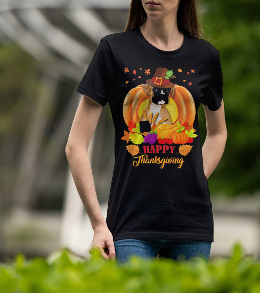 Boxer Dog In Pilgrim Hat Happy Thanksgiving Pumpkin Harvest T-Shirt