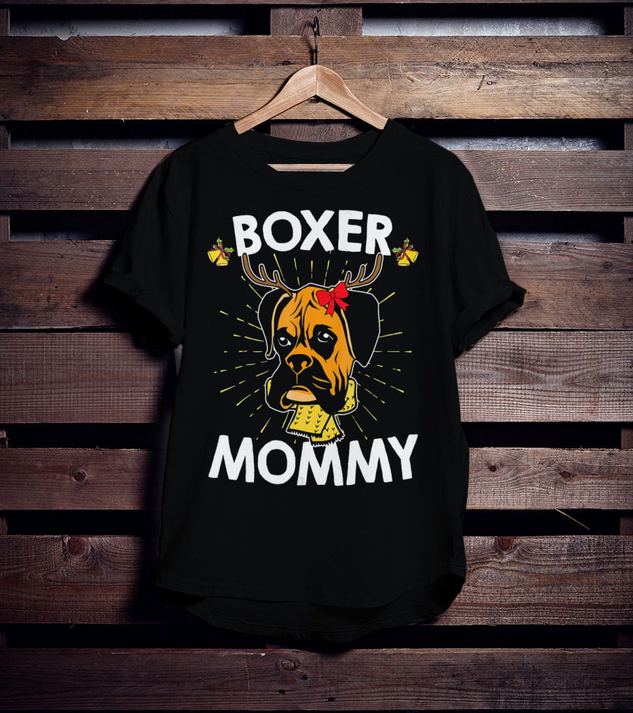 Boxer Mommy Reindeer Antlers Christmas Lights Bow Scarf Dog T-Shirt
