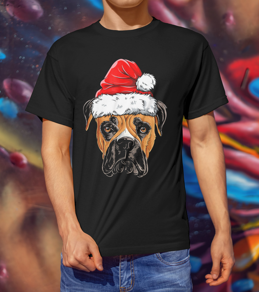 Boxer Dog Wearing Santa Hat T-Shirt