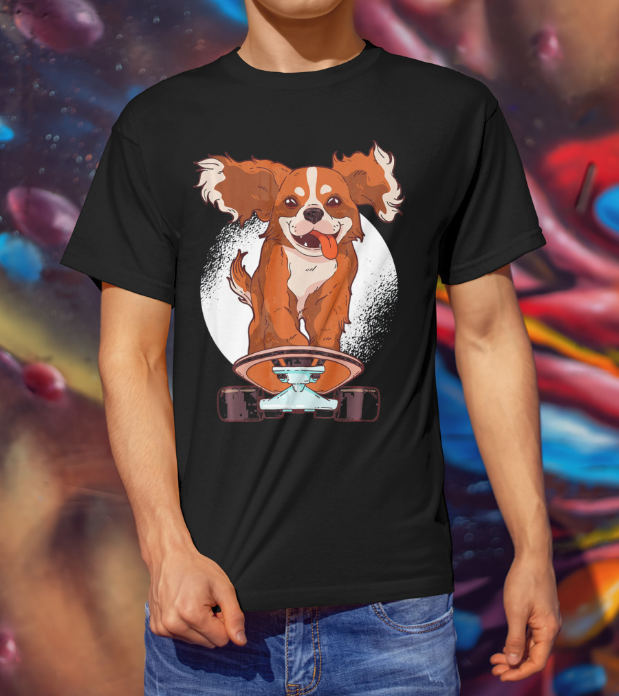 Cavalier Dog On Skateboard With Happy Expression And Energetic Pose T-Shirt