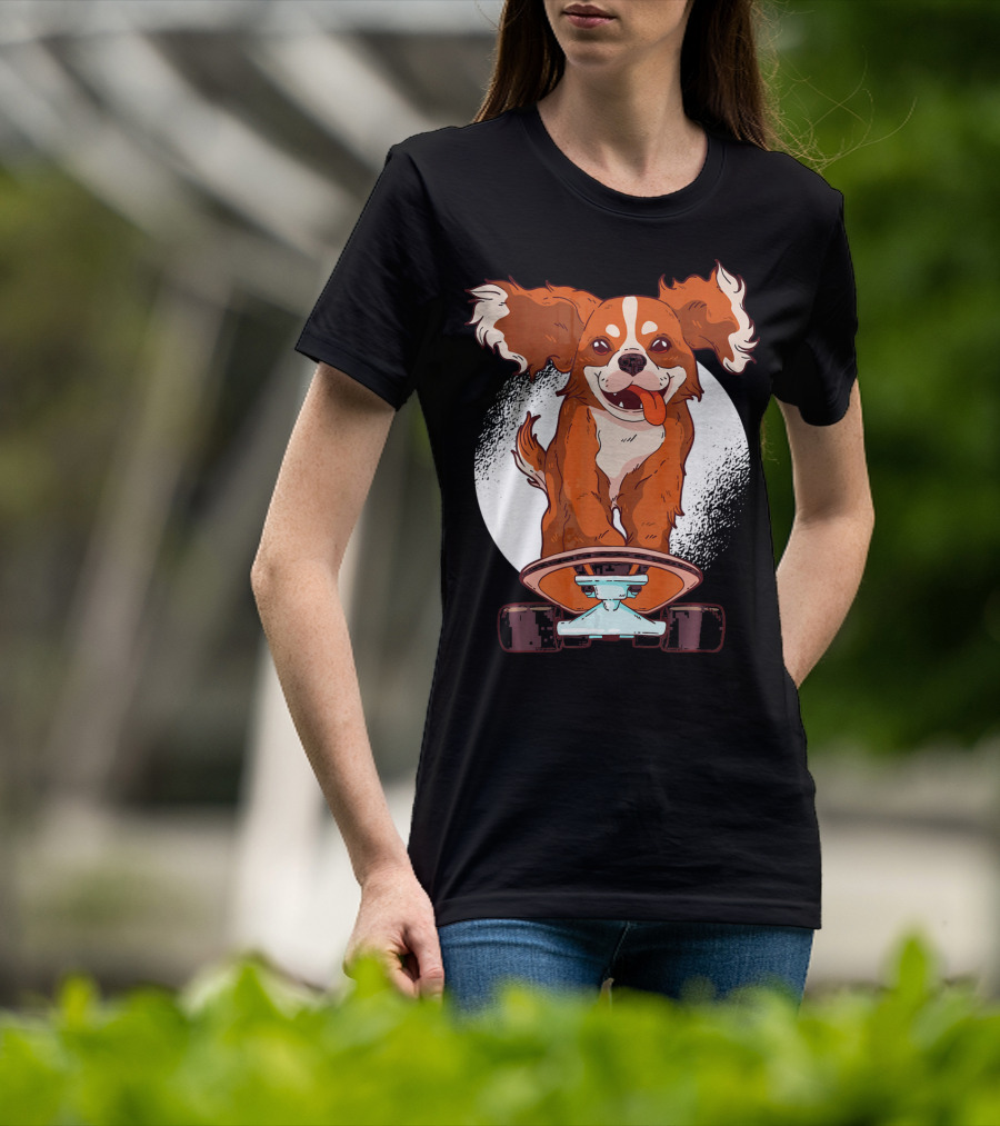 Cavalier Dog On Skateboard With Happy Expression And Energetic Pose T-Shirt