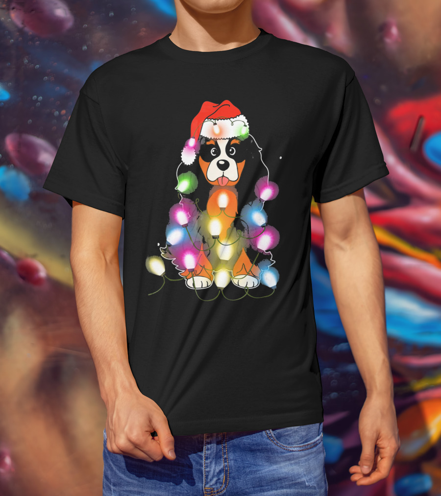 Cavalier King Charles Spaniel Festive Christmas Lights With Santa Hat T-Shirt