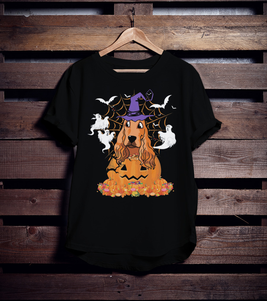 Cavalier King Charles Spaniel Halloween Pumpkin Ghosts And Witch Hat T-Shirt