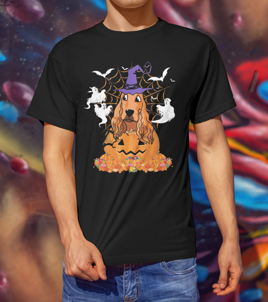 Cavalier King Charles Spaniel Halloween Pumpkin Ghosts And Witch Hat T-Shirt