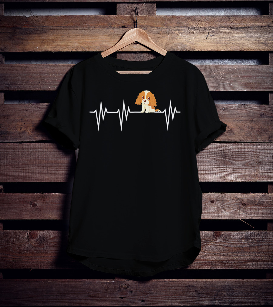 Cavalier King Charles Spaniel Heartbeat EKG Line With Cartoon Puppy T-Shirt