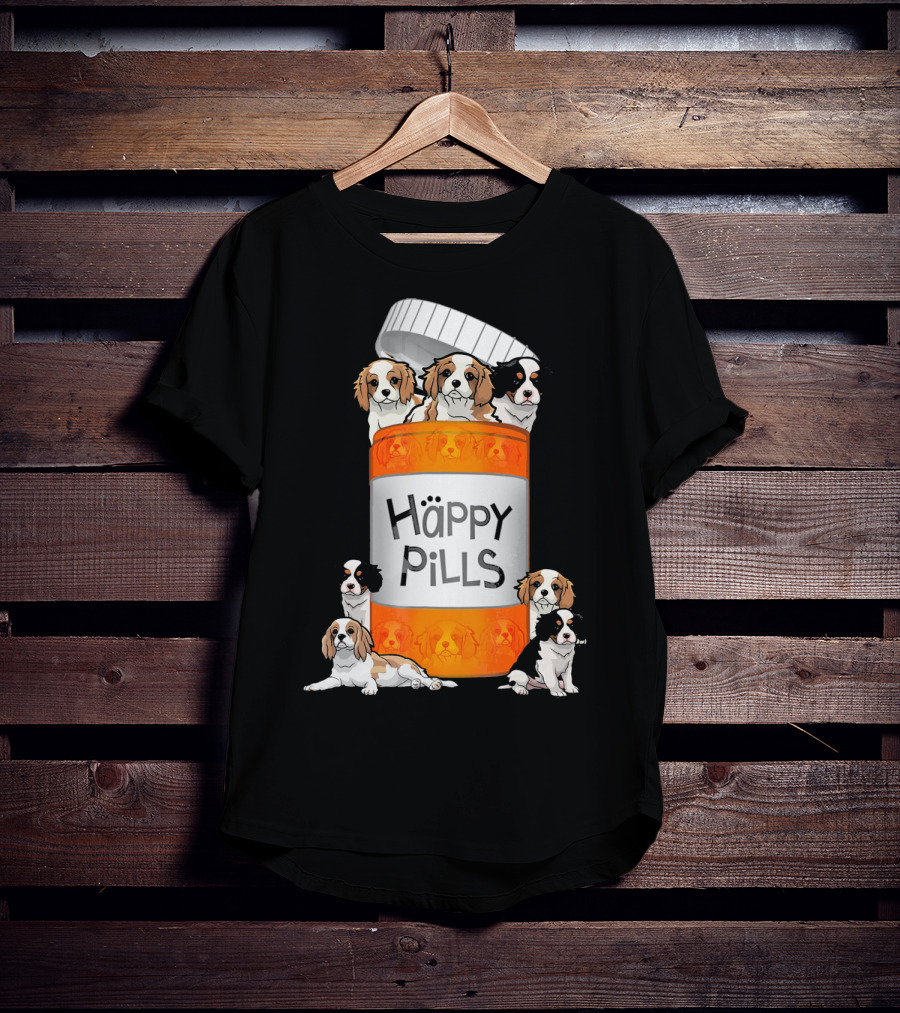 Cavalier King Charles Spaniel Happy Pills Illustration With Puppies In Pill Bottle T-Shirt