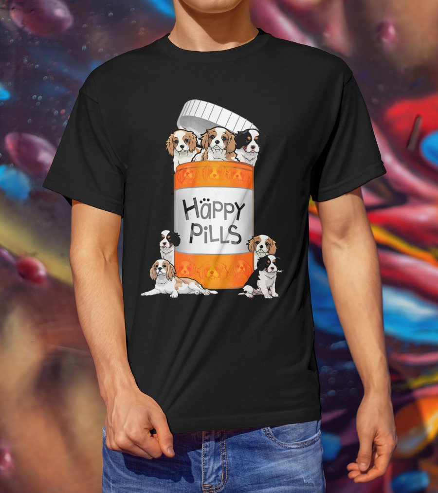 Cavalier King Charles Spaniel Happy Pills Illustration With Puppies In Pill Bottle T-Shirt